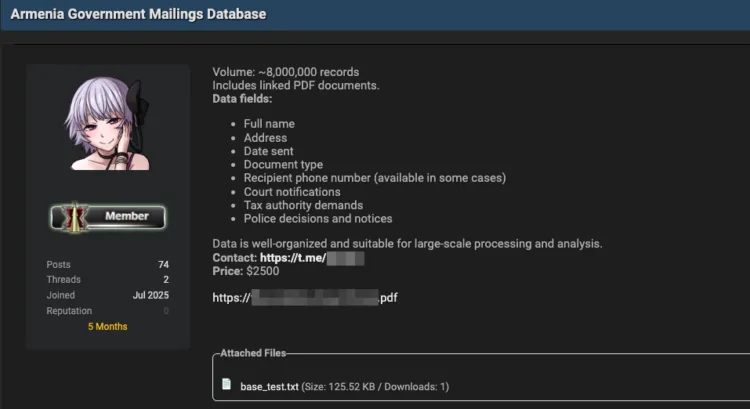 Armenia Government Mailings Database Allegedly Breached and Up for Sale