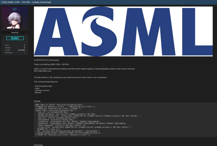 ASML Alleged Data Leak: 154 Databases Published Online