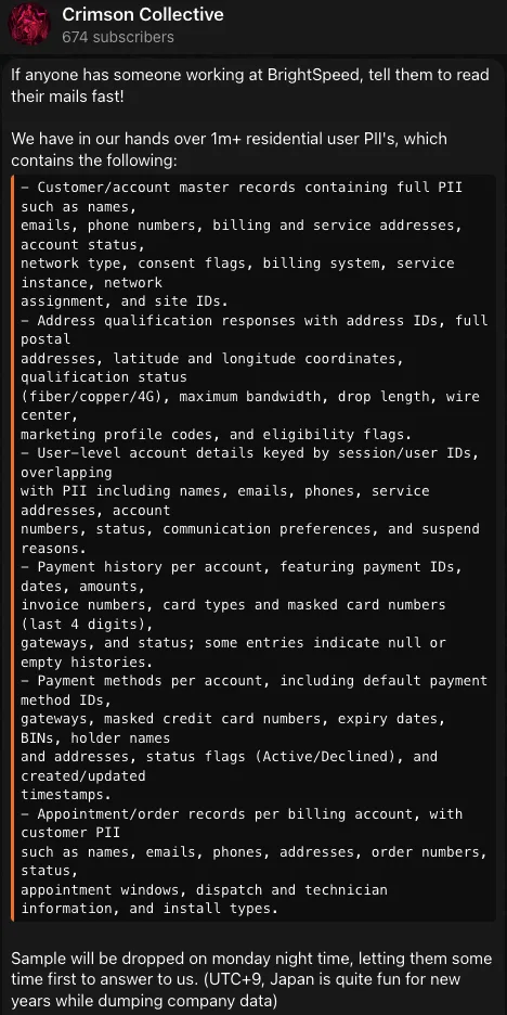 Crimson Collective Claims Breach of BrightSpeed: 1M+ Records at Risk