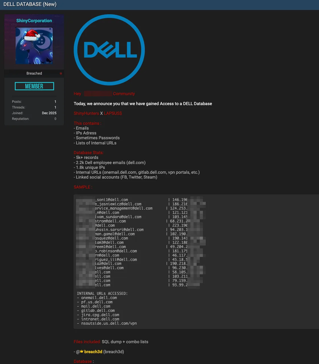 Dell Technologies Allegedly Breached by ShinyHunters and Lapsus$
