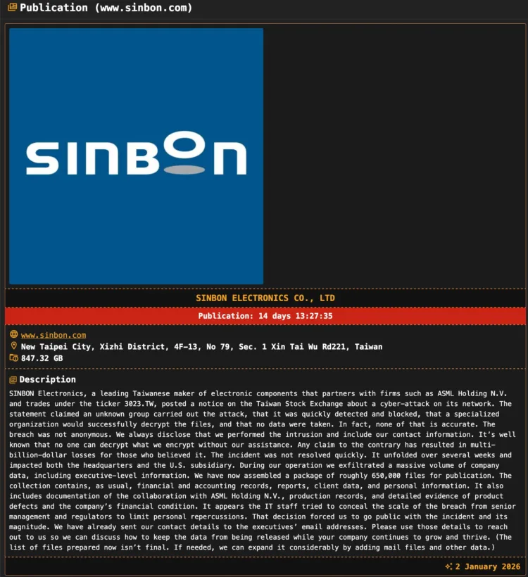 SINBON Electronics Hit by DragonForce Ransomware Attack