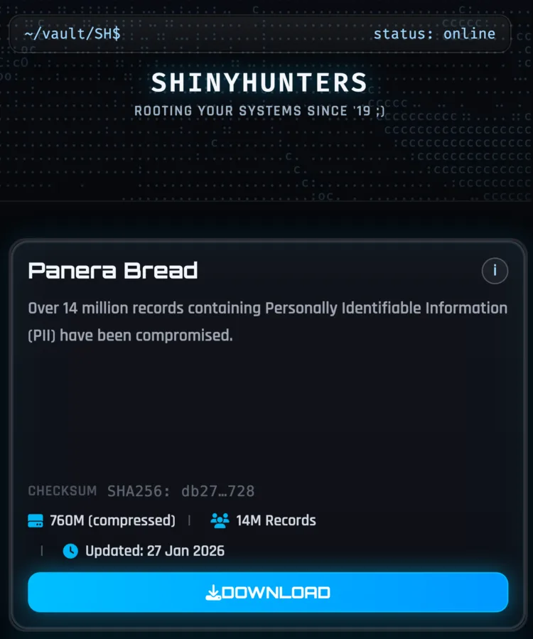 Panera Bread Data Breach: ShinyHunters Claims 14 Million Records Stolen