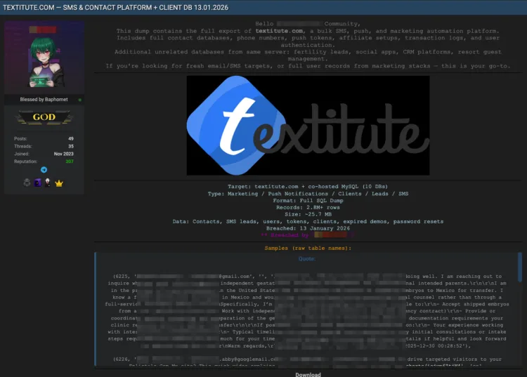 Textitute Data Breach Exposes 2.8 Million Marketing and User Records