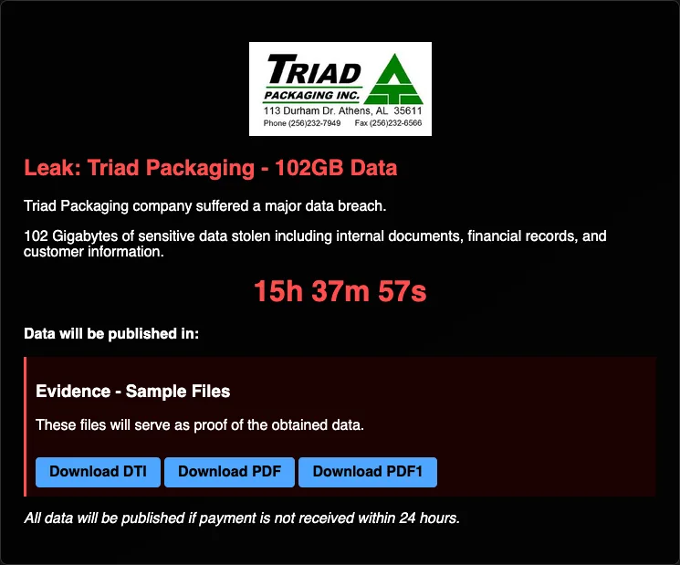 Triad Packaging Inc. Data Breach – Sicarii Ransomware Claims Attack