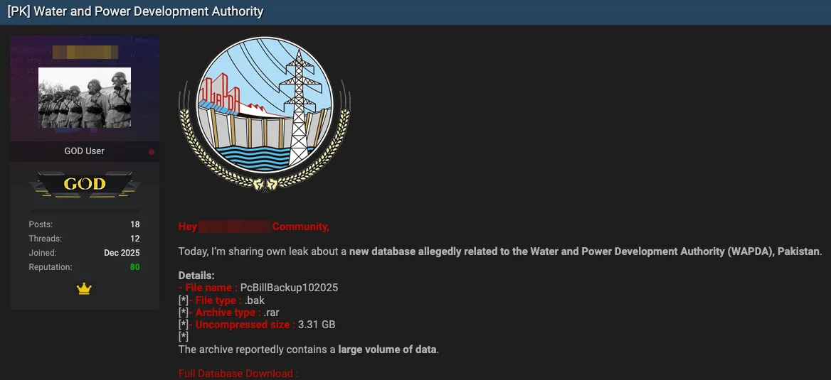 Pakistan WAPDA Allegedly Targeted in Data Breach Exposing 3.3GB