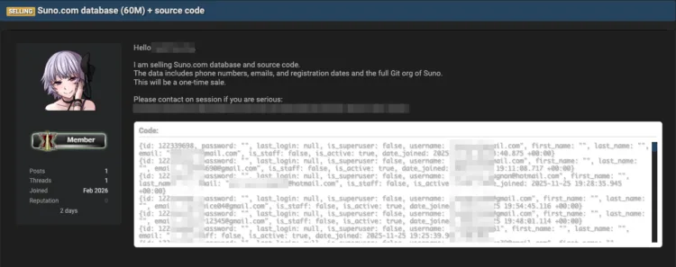 Suno.com Data Breach: 60 Million Records and Source Code For Sale