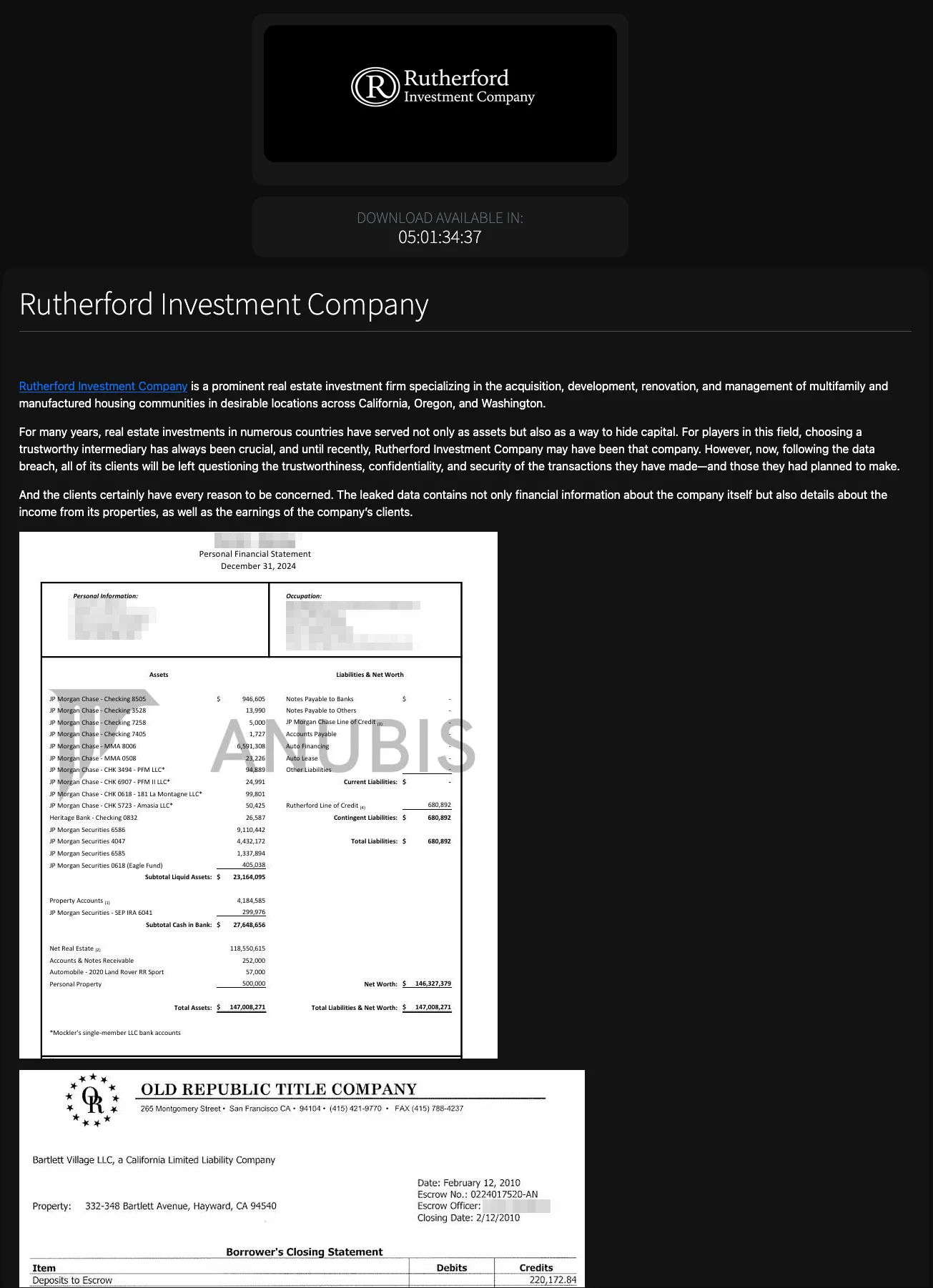 Rutherford Investment Company Hit by Anubis Ransomware