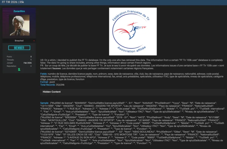 Fédération Française de Tir Data Breach Impacts 35,000 Members