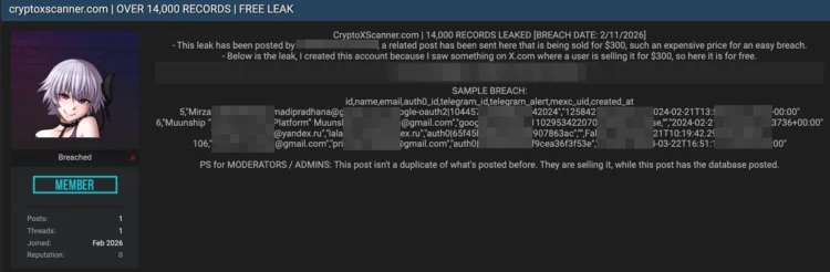 CryptoXScanner Data Breach – 14,000 User Records Leaked