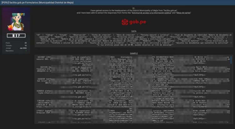 Municipalidad Distrital de Mejía Data Breach Exposes Citizen Form Data