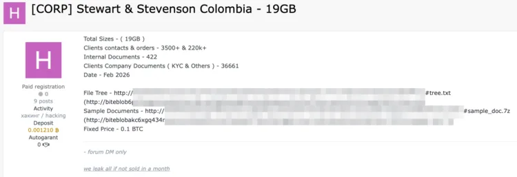 Stewart & Stevenson Colombia Suffers 19GB Data Breach