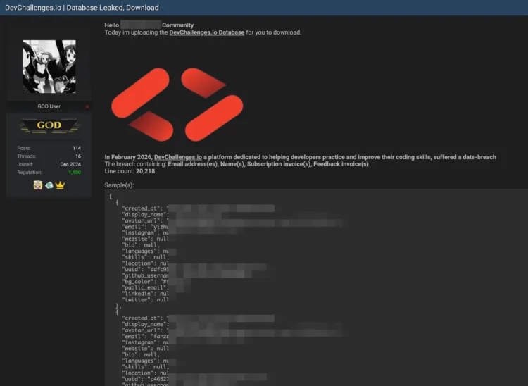 DevChallenges.io Data Breach Exposes Developer User Information
