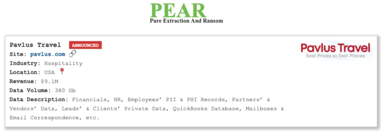 Pavlus Travel Hit by PEAR Ransomware: 380GB Data Allegedly Stolen