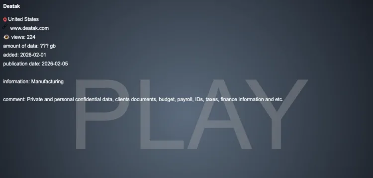 Deatak Inc. Targeted by Play Ransomware Attack