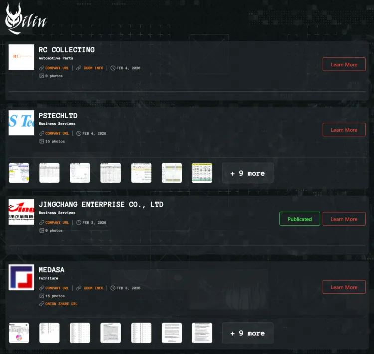 Qilin Ransomware Breaches RC Collecting, PSTECHLTD, Jingchang, and Medasa