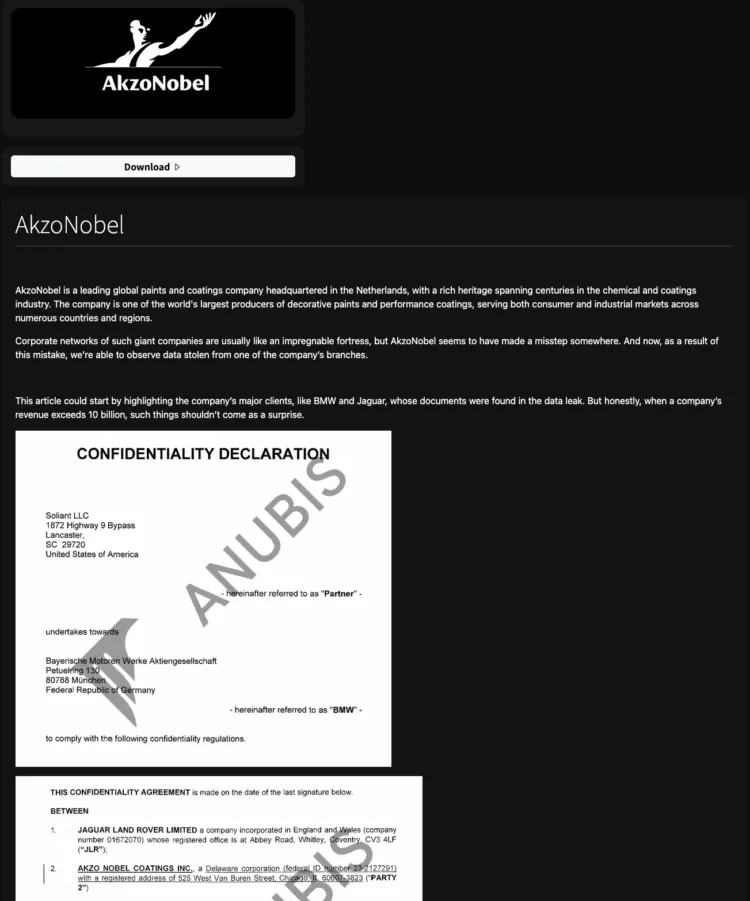 AkzoNobel Suffers Data Breach by Anubis Ransomware Group