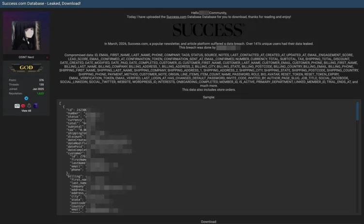 Success Magazine Data Breach: 141K Users’ Personal Data Leaked