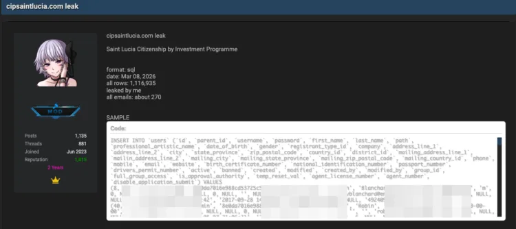 Saint Lucia Citizenship by Investment Programme Data Breach