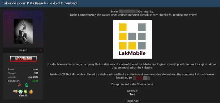 LakMobile Software Source Code Leak and Data Breach