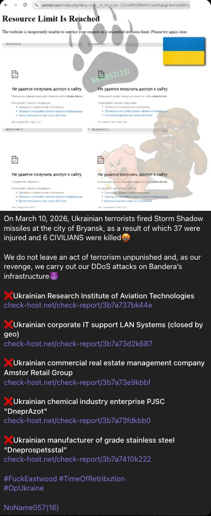 NoName057 DDoS: UkrNIAT, LAN, Amstor, DneprAzot & DSS