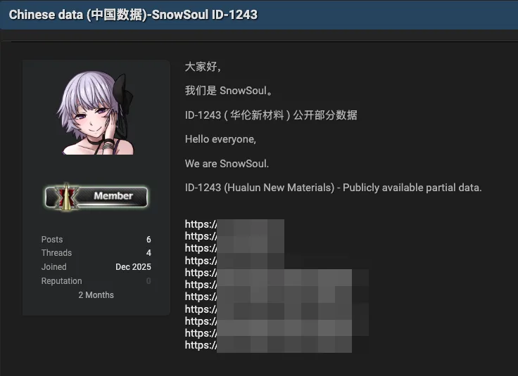 Hualun New Materials Suffers Massive Data Breach by SnowSoul