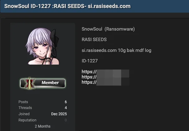 Rasi Seeds Suffers Data Breach by SnowSoul Ransomware