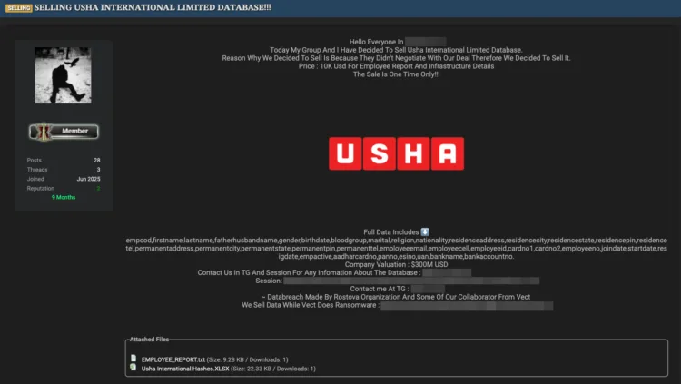 Usha International Limited Data Breach and Extortion Attack