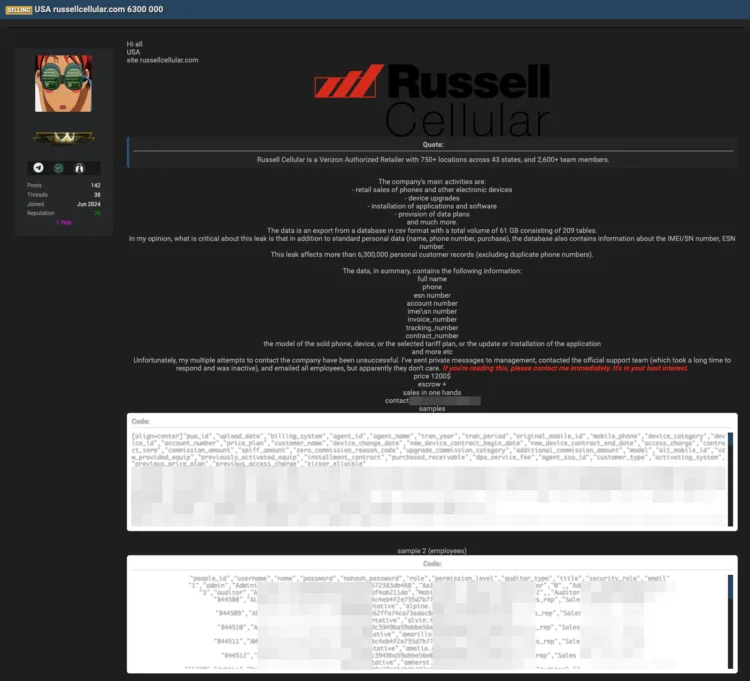 Russell Cellular Suffers Massive 61GB Customer Data Breach