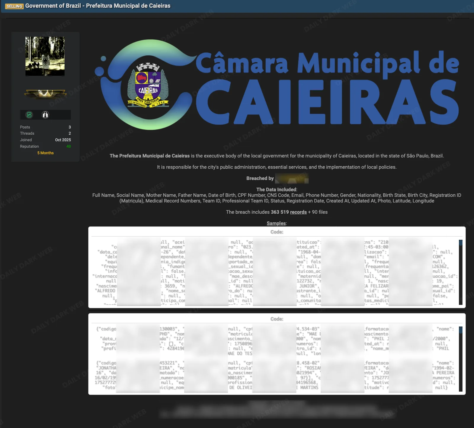 Prefeitura Municipal de Caieiras Data Breach Exposes Citizen PII