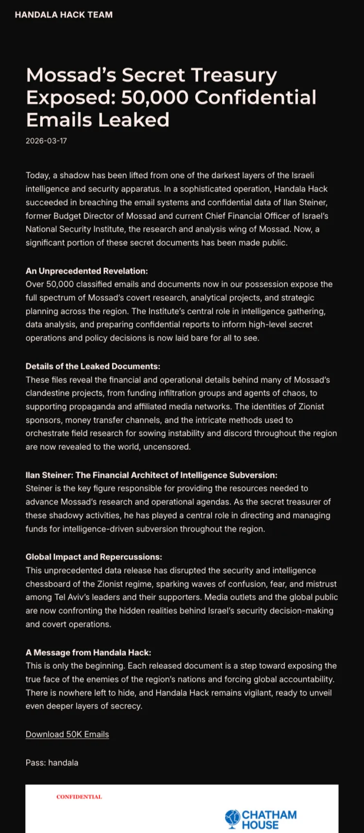 Israel National Security Institute Suffers Data Breach by Handala