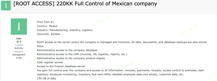 Threat Actor Selling Root Access to Mexican Manufacturing Firm