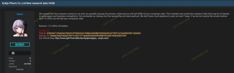 Kukje Pharm Co., Ltd. Suffers Ransomware Attack by Gunra