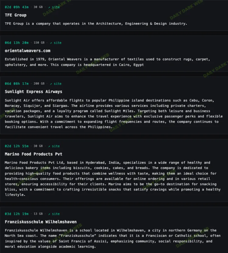 Payload Breaches TFE, Oriental, Sunlight, Marino & Franziskusschule