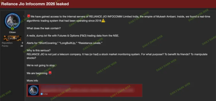 Reliance Jio Infocomm Hit By Alleged Trading Data Breach