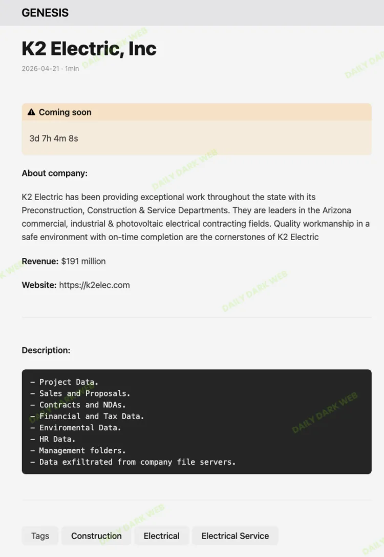 K2 Electric Inc Targeted in Genesis Ransomware Attack